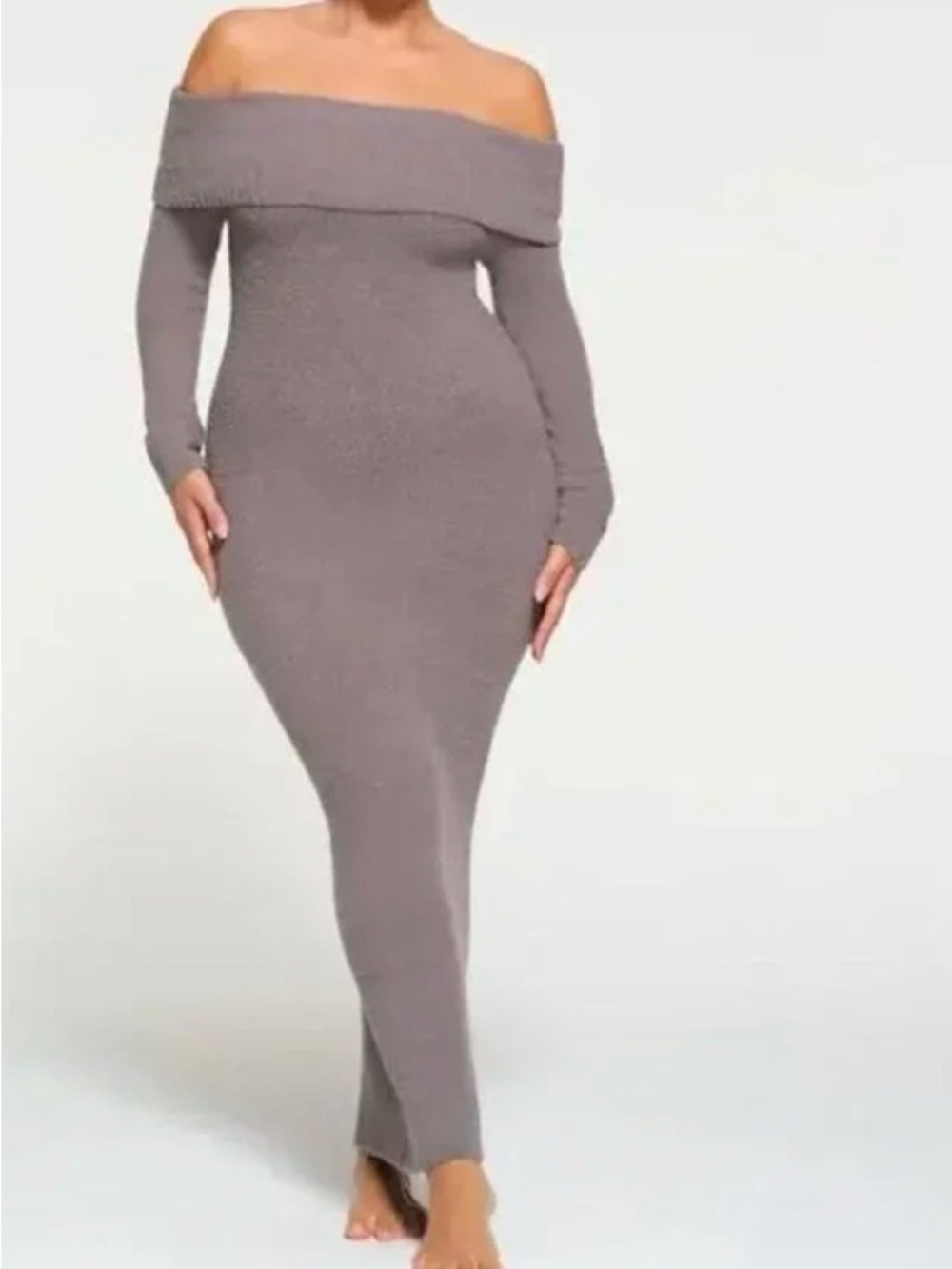 SKIMS cozy knit off shoulder long dress. Grey chalk. Almost a pale pale purple